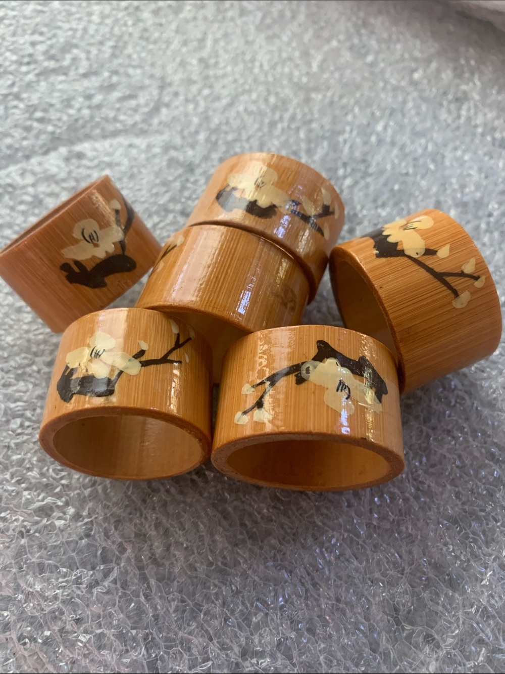 Vintage Hand-Painted Bamboo Napkin Rings with Cream Floral Motif - Set of 6